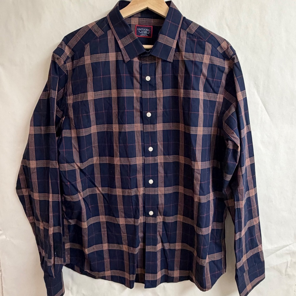 UNTUCKit Mens XL Slim Fit Wrinkle Free Plaid Button Shirt Navy Blue Red Casual